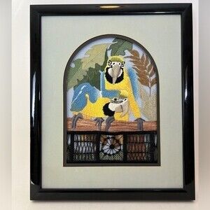 Vintage Original Embroidery Needlework Framed Art birds By H Greenhut